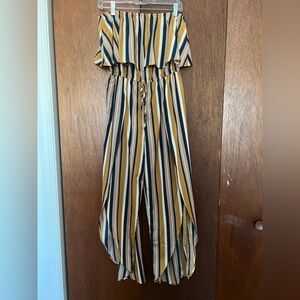 Fashion Nova Mustard Navy Cream Striped Strapless Jumpsuit